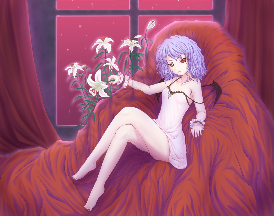 neru fia, remilia scarlet, touhou, 1girl, barefoot, bat wings, blue hair, crossed legs, feet, female focus, flat chest, flower, lingerie, nightgown, red eyes, sitting, solo, strap slip, underwear, wings, wrist cuffs