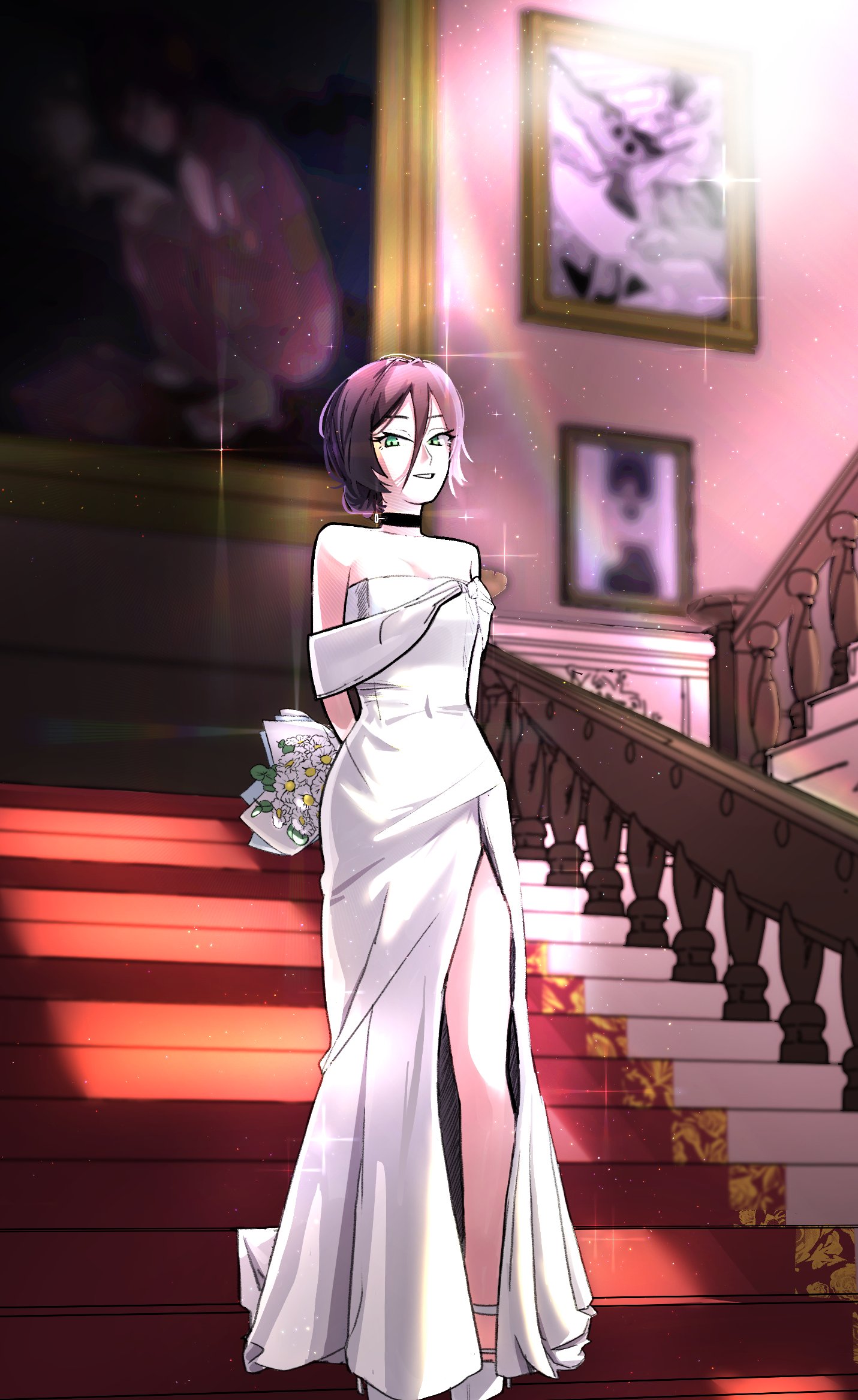 moti1250, reze (chainsaw man), chainsaw man, highres, 1girl, arms behind back, bare shoulders, black choker, bouquet, breasts, choker, cleavage, dress, flower, green eyes, grenade pin, hair between eyes, hair bun, holding, holding bouquet, long dress, looking at viewer, medium breasts, medium hair, parted lips, picture frame, purple hair, shirt, side slit, smile, solo, stairs, updo, wedding dress, white dress, white shirt
