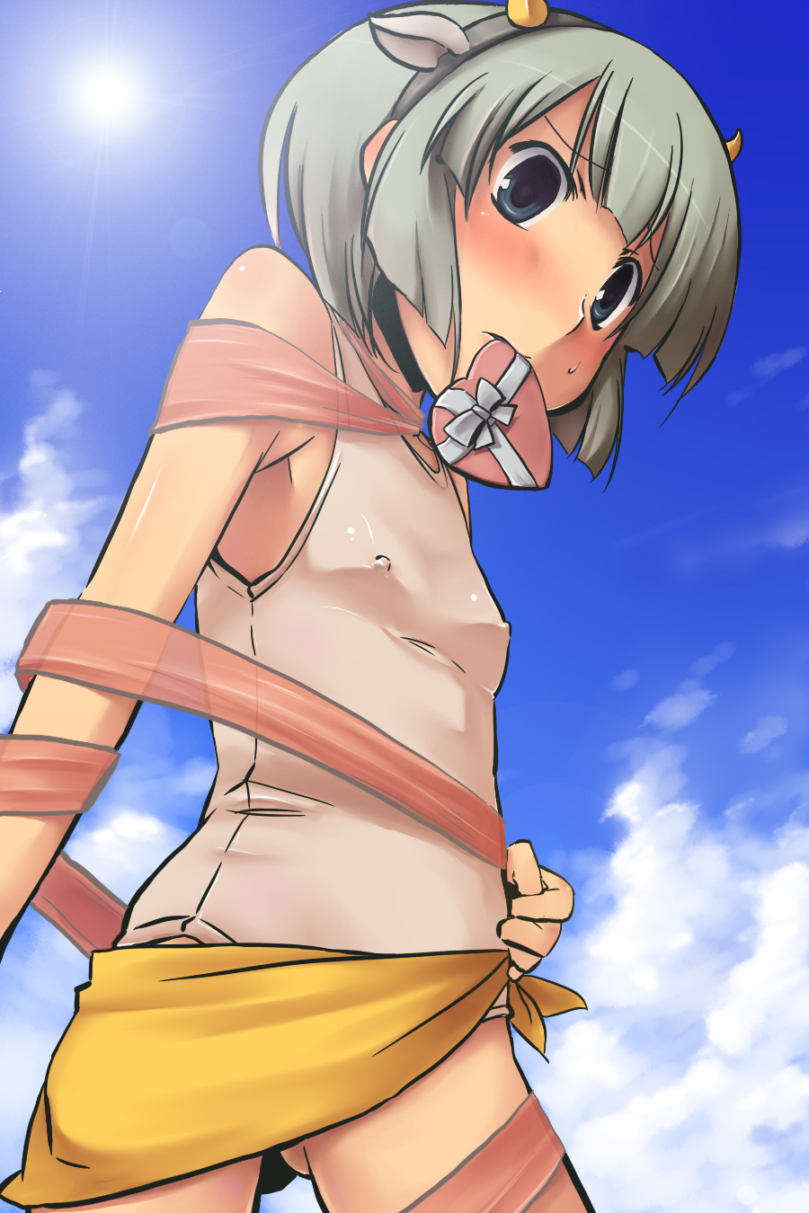 hirase yuu, konpaku youmu, touhou, silver hair, colorized, highres, 1girl, blue eyes, blush, cloud, covered erect nipples, day, female focus, flat chest, hairband, horns, mouth hold, one-piece swimsuit, ribbon, short hair, sky, solo, sun, swimsuit, valentine