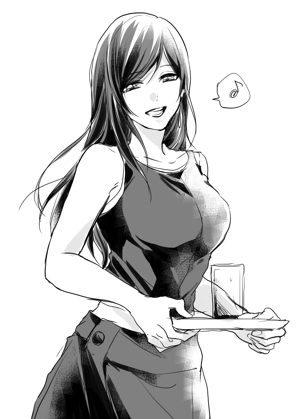 gogochi55, tifa lockhart, final fantasy, final fantasy vii, final fantasy vii advent children, commentary, highres, symbol-only commentary, 1girl, apron, bare shoulders, breasts, collarbone, cowboy shot, crop top, cup, earrings, greyscale, holding, holding plate, jewelry, large breasts, long hair, looking at viewer, monochrome, musical note, open mouth, plate, simple background, single earring, smile, solo, spoken musical note, swept bangs, vest, waist apron, white background
