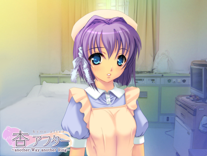 takuyu, fujibayashi ryou, clannad, spoilers, 00s, 1girl, apron, bed, bedroom, blue eyes, female focus, hair ribbon, hospital, indoors, nurse, purple hair, ribbon, short hair, solo