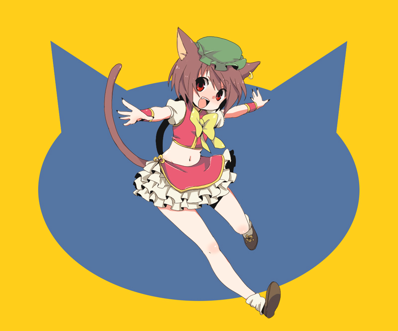 ica, chen, touhou, bad id, bad pixiv id, 1girl, adapted costume, alternate costume, animal ears, brown hair, cat ears, cat girl, cat tail, earrings, fang, female focus, foreshortening, hat, jewelry, midriff, open mouth, outstretched arms, red eyes, short hair, simple background, smile, solo, spread arms, tail, wristband