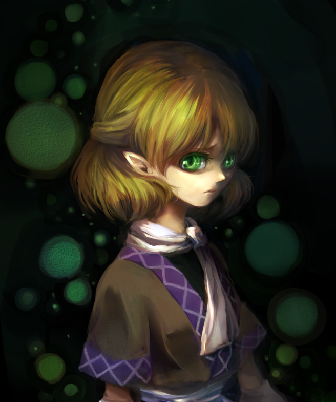 riinu (ir-n), mizuhashi parsee, touhou, 1girl, blonde hair, female focus, green eyes, half updo, pointy ears, solo