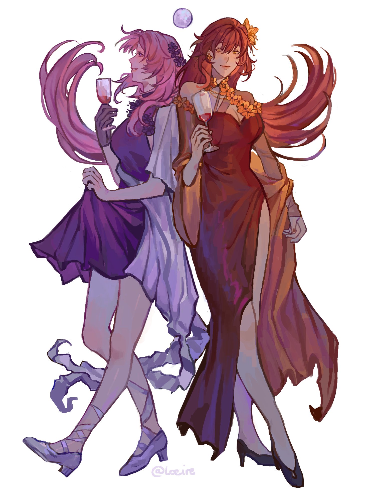 loeire, eden (honkai impact), elysia (honkai impact), honkai (series), honkai impact 3rd, commentary, english commentary, highres, 2girls, alternate costume, bare shoulders, breasts, brown hair, cleavage, cup, dress, flower, full body, gloves, hair flower, hair ornament, high heels, holding, holding cup, large breasts, looking at viewer, multiple girls, pink hair, purple dress, purple gloves, red dress, simple background, twitter username, white background, yellow eyes