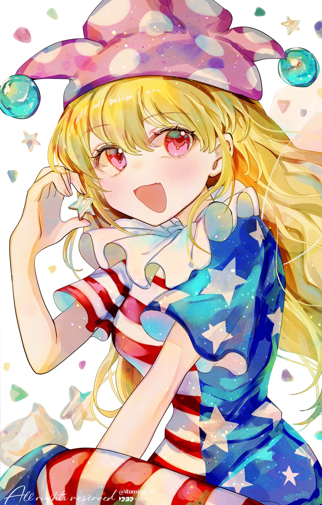 itsumizu, clownpiece, touhou, highres, 1girl, american flag dress, american flag legwear, artist name, beads, blonde hair, blush, breasts, candy, dress, fairy wings, fang, food, hair between eyes, hand up, hat, holding, holding ornament, jester cap, long hair, looking at viewer, medium breasts, neck ruff, open mouth, pantyhose, pink eyes, polka dot headwear, purple hat, short sleeves, simple background, sitting, skin fang, smile, solo, star (symbol), star ornament, star print, striped clothes, striped dress, striped pantyhose, transparent wings, white background, wings