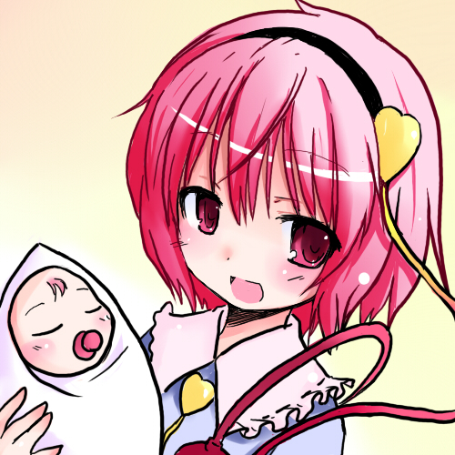 shichinose, komeiji satori, touhou, lowres, 1girl, baby, gradient background, hairband, heart, pink eyes, pink hair, short hair, white background