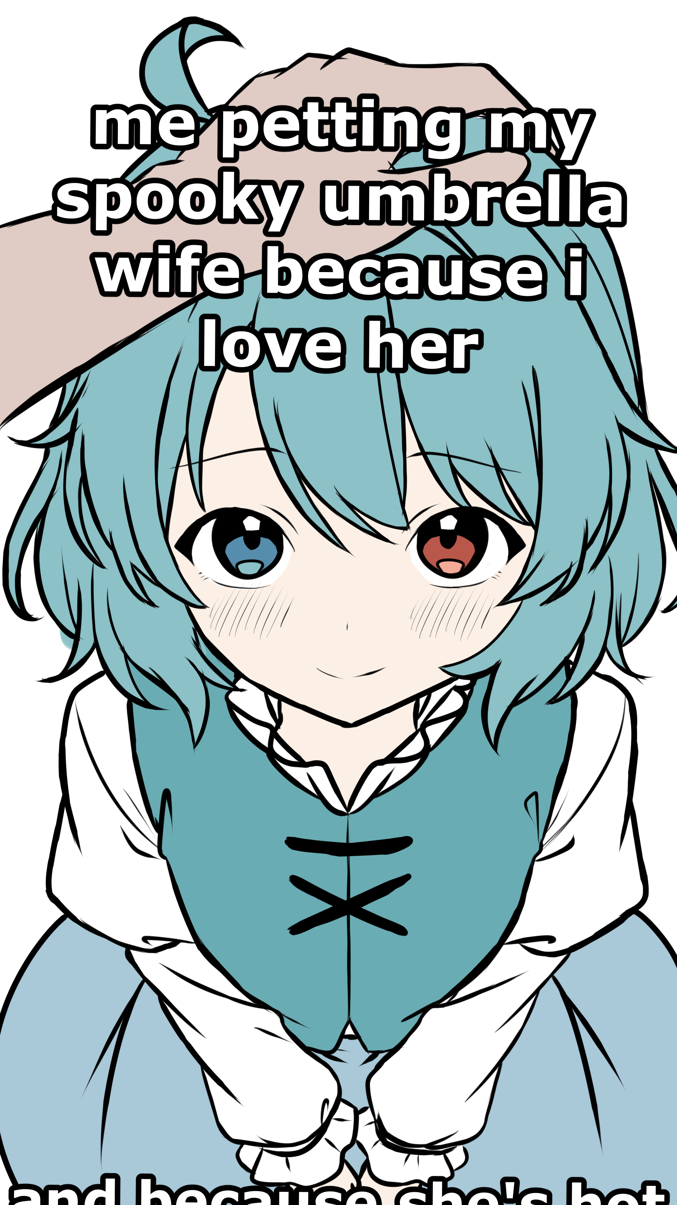 burukyu, tatara kogasa, touhou, absurdres, highres, 1girl, aqua vest, blue eyes, blue hair, blue vest, hand on another's head, headpat, heterochromia, juliet sleeves, karakasa obake, long sleeves, looking at viewer, me petting my cat (meme), meme, out of frame, pov, pov hands, puffy sleeves, red eyes, shirt, short hair, skirt, smile, tsukumogami, umbrella, vest