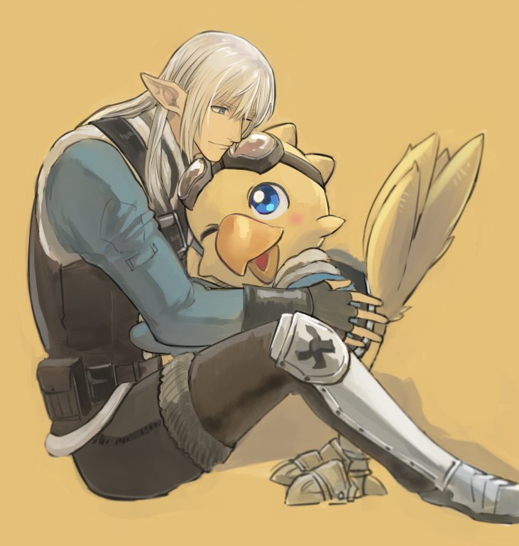 mongu (kprs ff), chocobo, estinien varlineau, final fantasy, final fantasy xiv, 1boy, armored boots, aviator goggles, bird, black gloves, black pantyhose, blue eyes, blue jacket, boots, creature, elezen, elf, fingerless gloves, fur-trimmed vest, fur trim, gloves, grey hair, hair between eyes, hug, jacket, long hair, male focus, one eye closed, pantyhose, pointy ears, sitting, vest, yellow background