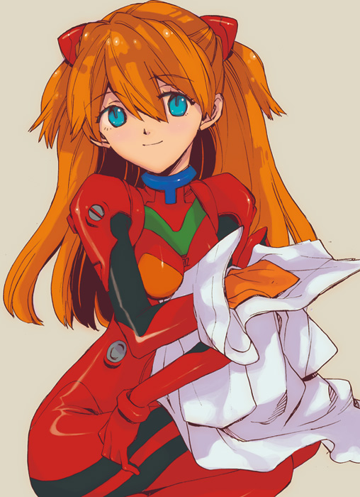 n riko, nyoriko, souryuu asuka langley, neon genesis evangelion, bad id, bad pixiv id, 1girl, blouse, blue eyes, bracer, brown hair, colored eyelashes, female focus, from side, grey background, hair between eyes, holding shirt, holding unworn clothes, long hair, mecha pilot suit, orange hair, parted bangs, plugsuit (evangelion), red hair, shirt, simple background, sitting, smile, solo, two side up, unworn shirt, white shirt