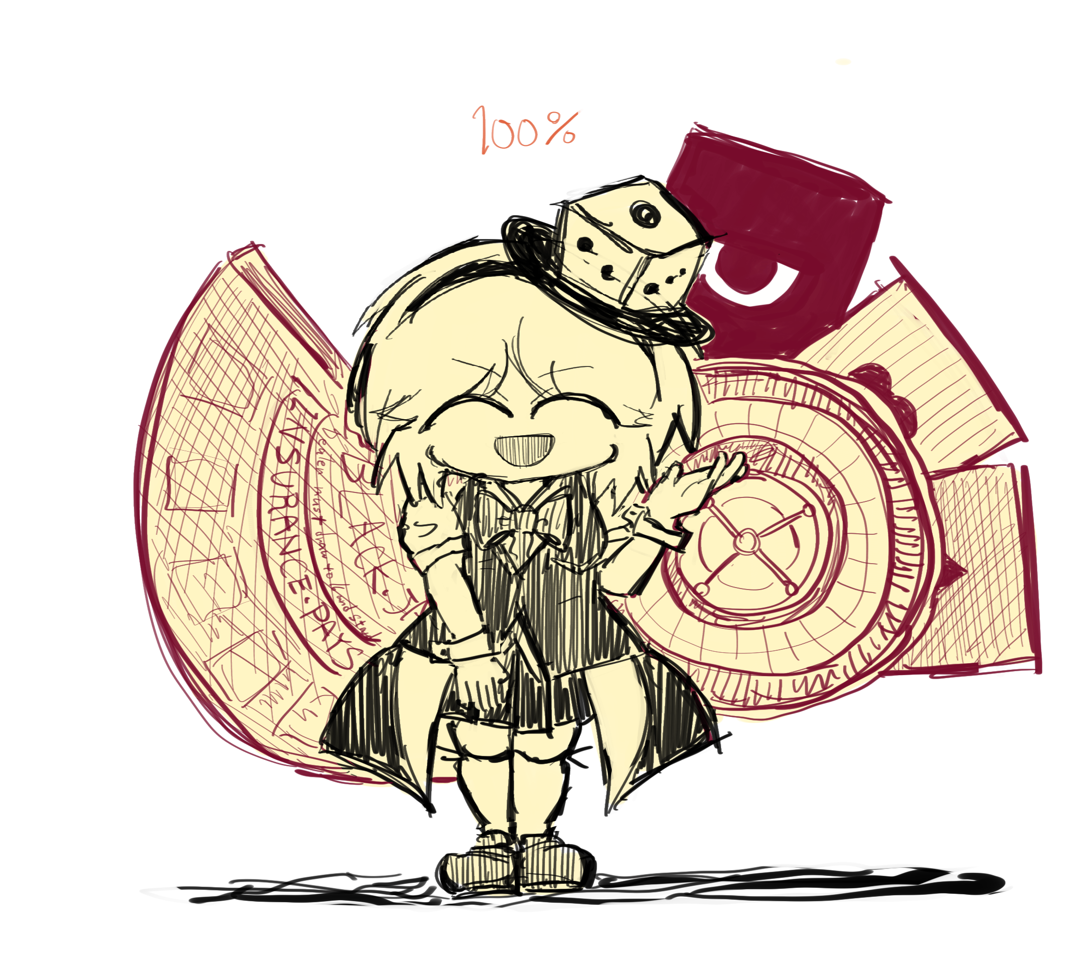 aodo mikan, xeno a, len'en, commentary request, highres, 1girl, ^ ^, ace (playing card), ace of diamonds, ace of hearts, androgynous, blackjack table, bow, bowtie, breasts, buttons, card, closed eyes, coattails, collared shirt, diamond (shape), dice hair ornament, dress shoes, eye of senri, full body, genderswap, genderswap (otf), hair ornament, hairband, hand on lap, hand up, happy, heart, medium hair, monochrome, open mouth, oversized object, playing card, puffy short sleeves, puffy sleeves, ribbon legwear, roulette table, shadow, shirt, short sleeves, simple background, smile, solo, standing, table, thighhighs, traditional bowtie, v-neck, vest, white background, wrist cuffs, yellow theme