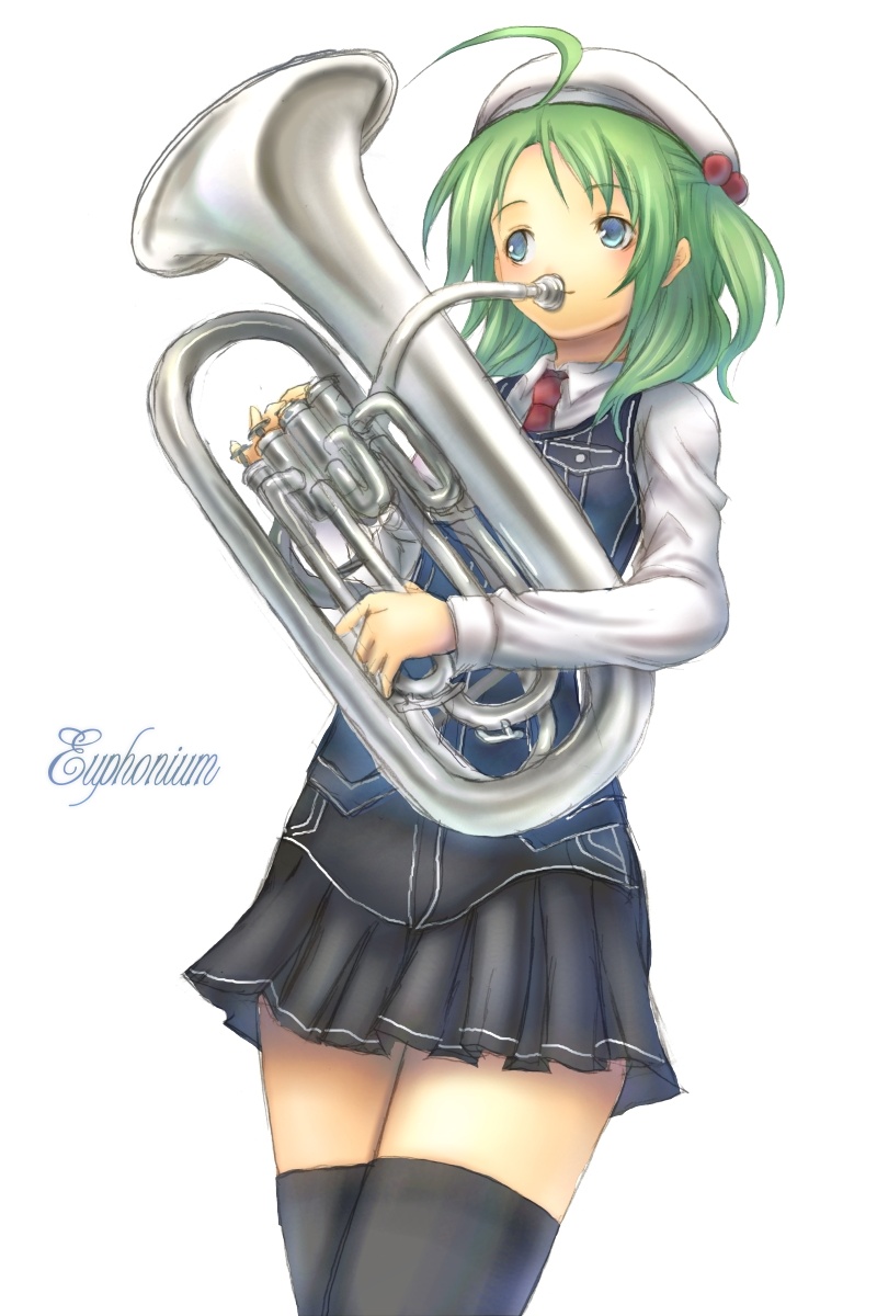sabamu, highres, 1girl, ahoge, blue eyes, cursive, euphonium, female focus, green hair, hat, instrument, necktie, skirt, solo, spit valve, thighhighs, tuba