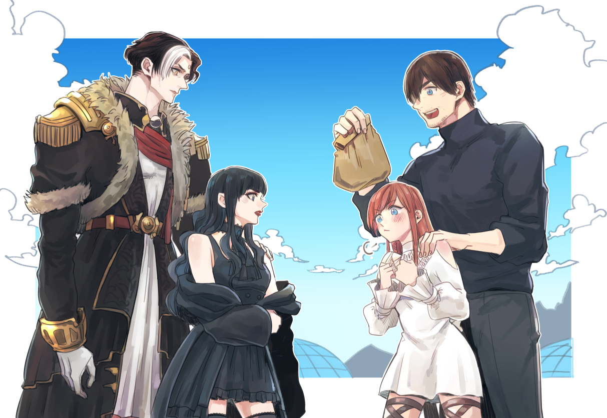 mongu (kprs ff), adventurer (ff14), emet-selch, gaia (ff14), ryne waters, warrior of light (ff14), final fantasy, final fantasy xiv, 2boys, 2girls, bag, bare shoulders, black choker, black coat, black dress, black hair, black jacket, black sweater, black thighhighs, blonde hair, blue eyes, blush, border, breasts, brown hair, choker, clothing cutout, cloud, cloudy sky, coat, cow, crossed arms, dress, epaulettes, forehead jewel, fur-trimmed coat, fur trim, gloves, gold trim, grey pants, hair between eyes, hand on another's shoulder, holding, holding bag, jacket, jacket partially removed, long hair, medium breasts, multicolored hair, multiple boys, multiple girls, open mouth, pants, paper bag, parted bangs, red lips, red scarf, scarf, short dress, short hair, shoulder cutout, sky, smile, sweater, thighhighs, turtleneck, turtleneck sweater, two-tone hair, wavy hair, white border, white dress, white gloves, white hair, zettai ryouiki