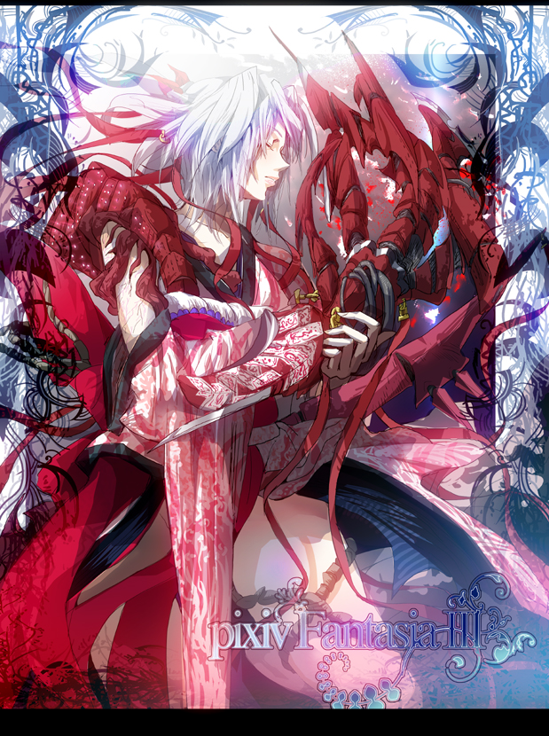 tanupo, pixiv fantasia, pixiv fantasia 3, silver hair, akatsuhara empire, dress, monster girl, short hair, solo