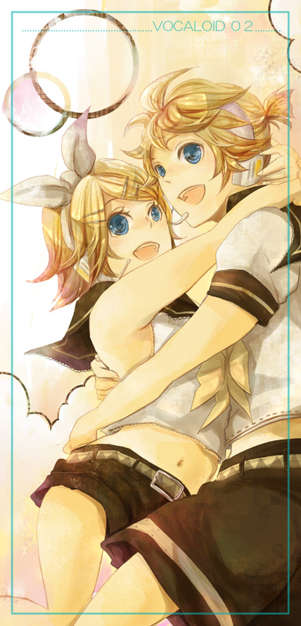 sakuragi kei, kagamine len, kagamine rin, vocaloid, 1boy, 1girl, bare shoulders, blonde hair, blue eyes, brother and sister, hair ornament, hairclip, headphones, hetero, hug, midriff, ponytail, ribbon, sailor collar, short hair, shorts, siblings, twins