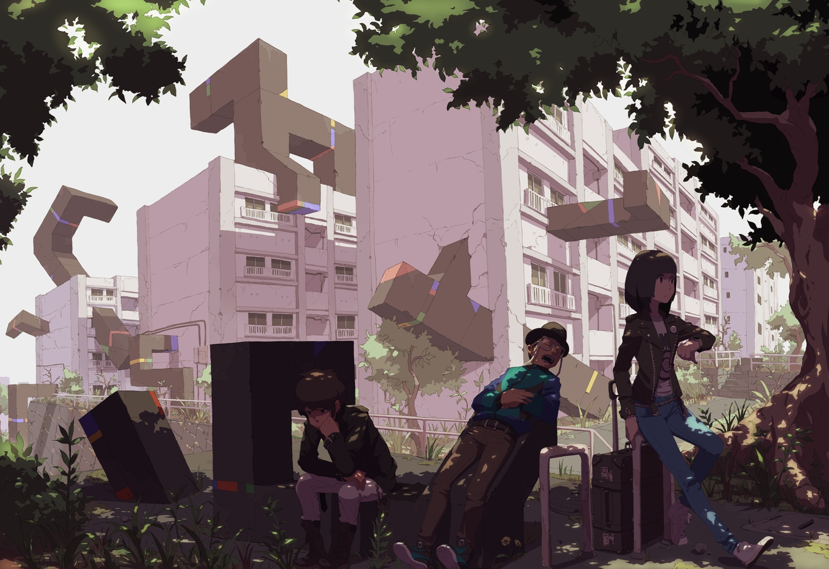 tomioka jirou, original, black footwear, white footwear, bad id, bad pixiv id, highres, painttool sai (medium), 1girl, 2boys, absurdly detailed composition, apartment, belt, black belt, black hat, black jacket, blue pants, boots, brown hair, brown pants, building, complex exterior, crack, cracked wall, dappled sunlight, day, denim, eyewear strap, glasses, green jacket, hand on own cheek, hand on own face, hat, head rest, jacket, jeans, long sleeves, looking ahead, multicolored jacket, multiple boys, open clothes, open jacket, open mouth, outdoors, pants, shade, shirt, shoes, short hair, sitting, sleeping, suitcase, sunlight, surreal, tree, tree shade, waiting, watch, white pants, white shirt, wristwatch
