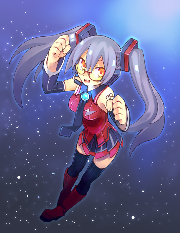 shigehiro (hiroi heya), vocaloid, 1girl, boots, detached sleeves, female focus, glasses, grey hair, necktie, orange eyes, skirt, sky, solo, star (sky), star (symbol), starry sky, thighhighs, twintails, zettai ryouiki