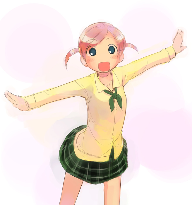 ikeda jun (mizutamari), original, 1girl, blue eyes, female focus, no nose, open mouth, outstretched arms, pink hair, school uniform, short twintails, skirt, solo, spread arms, twintails