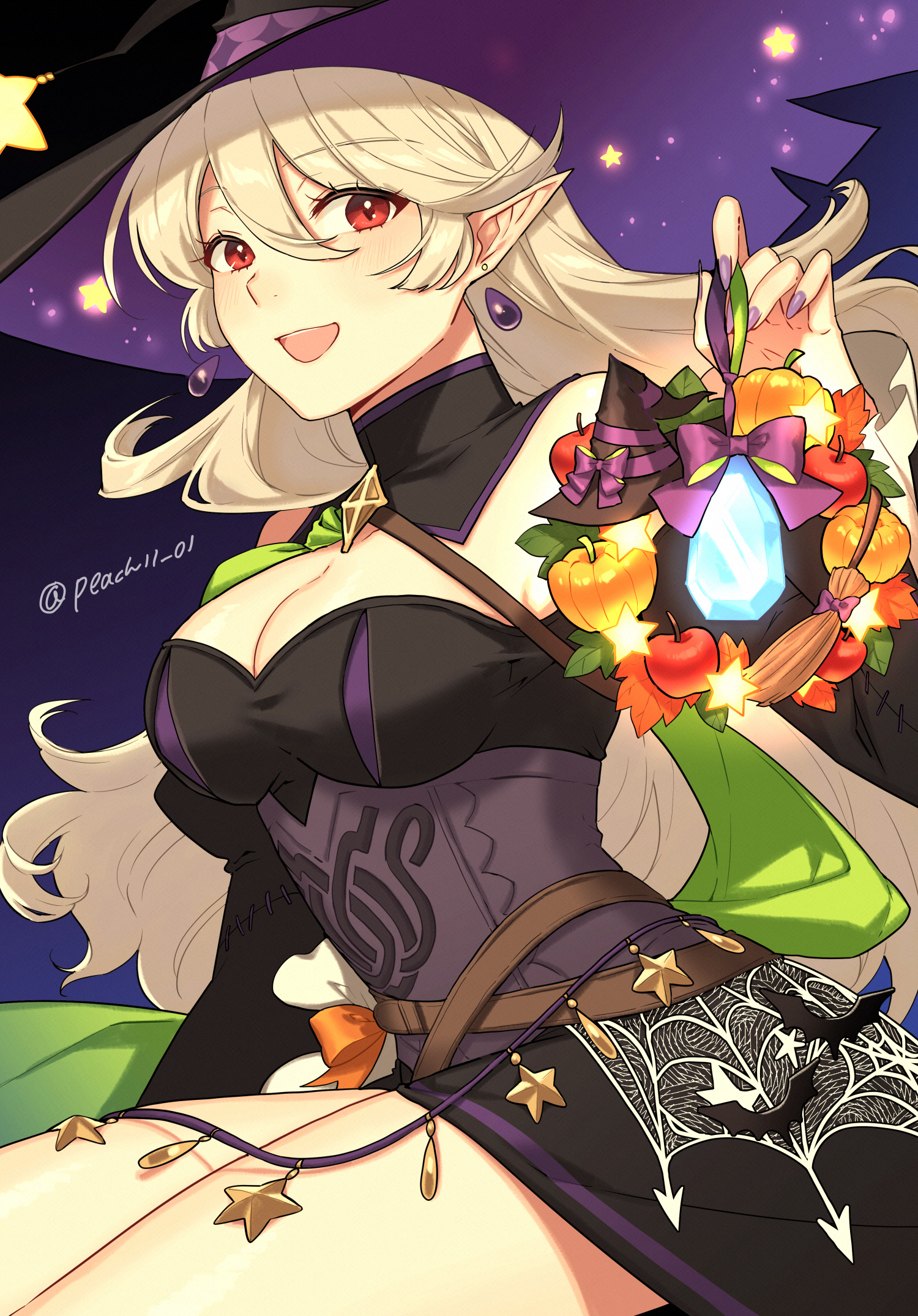 shamu (peach11 01), female corrin (fire emblem), female corrin (halloween) (fire emblem), fire emblem, fire emblem fates, fire emblem heroes, nintendo, highres, 1girl, apple, bare shoulders, bat (animal), black dress, breasts, broom, cleavage, crossed belts, detached sleeves, dragonstone, dress, earrings, food, fruit, green sash, grey hair, halloween, halloween costume, hat, jewelry, large breasts, long hair, looking at viewer, off-shoulder dress, off shoulder, official alternate costume, open mouth, pointy ears, pumpkin, red eyes, sash, silk, smile, solo, spider web, star (symbol), thighs, witch, witch hat, wreath