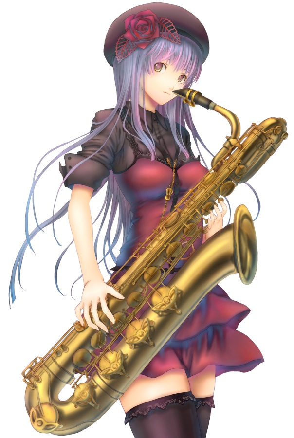 sabamu, original, black thighhighs, blue hair, flower, hat, holding instrument, holding saxophone, instrument, long hair, rose, saxophone, skirt, solo, thighhighs