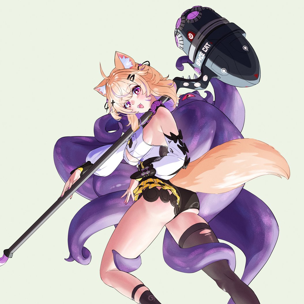 fueppu, alheitrakzoth, shyrei faolan, yidhari murphy, indie virtual youtuber, zenless zone zero, commentary, english commentary, second-party source, 1girl, ahoge, animal ear fluff, animal ears, asymmetrical shorts, black shorts, blonde hair, breasts, cat ears, cat girl, cat tail, colored inner hair, cosplay, detached sleeves, facial mark, hammer, high-waist shorts, holding, holding hammer, looking at viewer, medium breasts, medium hair, multicolored hair, open mouth, purple eyes, purple hair, red eyes, shirt, shorts, single thighhigh, tail, tentacles, thighhighs, torn clothes, torn thighhighs, virtual youtuber, war hammer, weapon, whisker markings, white shirt, yidhari murphy (cosplay)