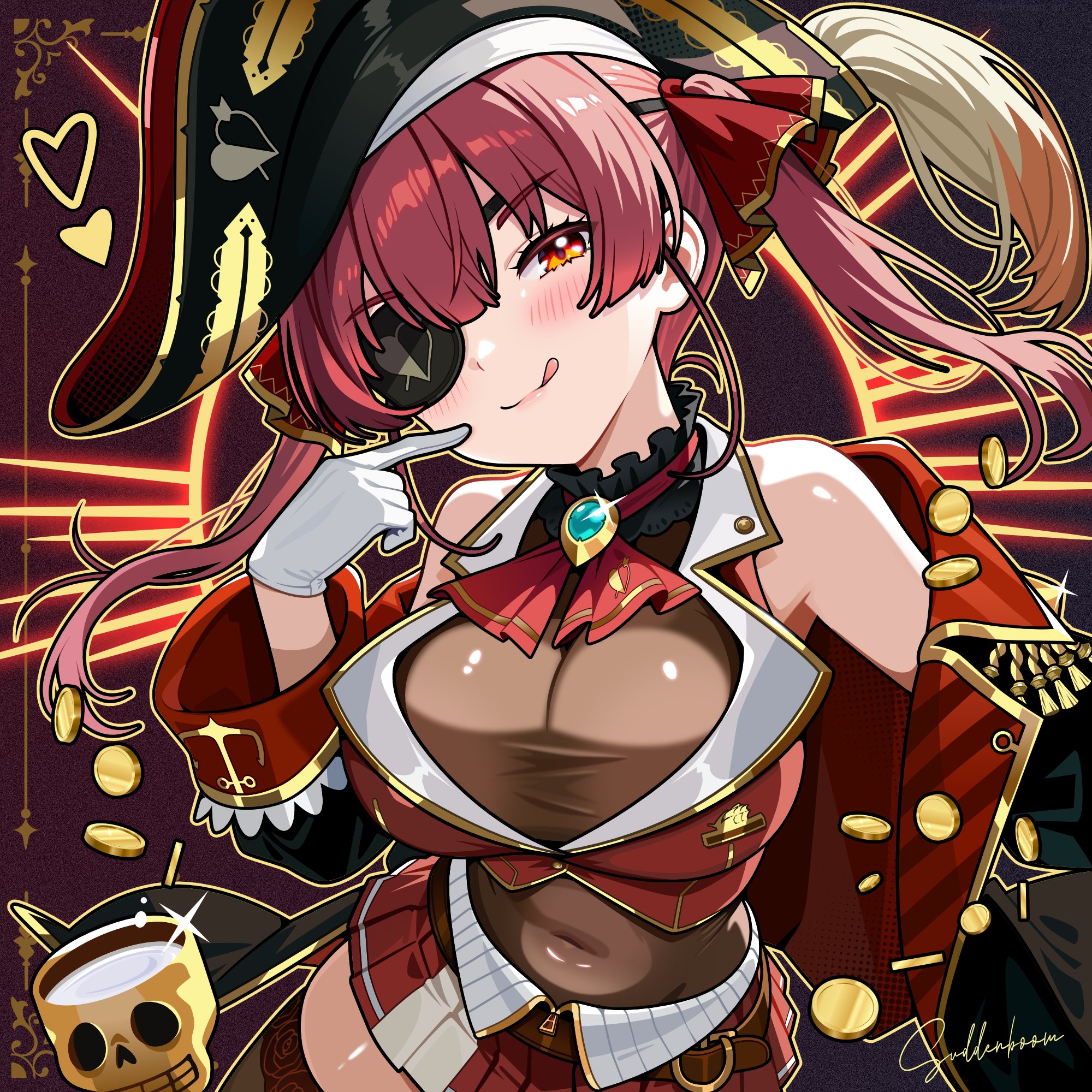 dokuro-kun (houshou marine), houshou marine, houshou marine (1st costume), hololive, commentary, highres, 1girl, arrow through heart, ascot, belt, bicorne, black choker, black coat, black hat, blush, breasts, brown belt, brown leotard, choker, closed mouth, coat, coin, covered navel, cropped jacket, epaulettes, eyepatch, frilled choker, frills, glint, gloves, gold coin, hair ribbon, hat, head tilt, heart, jacket, large breasts, leotard, leotard under clothes, long hair, long sleeves, looking at viewer, miniskirt, off shoulder, one eye covered, open clothes, open coat, pirate hat, pleated skirt, plume, pointing, pointing at self, red ascot, red eyes, red hair, red jacket, red ribbon, red skirt, ribbon, signature, skirt, skull cup, sleeveless, sleeveless jacket, smile, solo, suddenboom art, tongue, tongue out, twintails, upper body, virtual youtuber, white gloves, yellow eyes