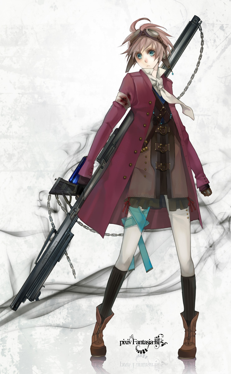 kyouka hatori, pixiv fantasia, pixiv fantasia 3, highres, 1girl, blood, brown hair, coat, female focus, gigandal federation, gloves, goggles, gun, rifle, short hair, solo, weapon