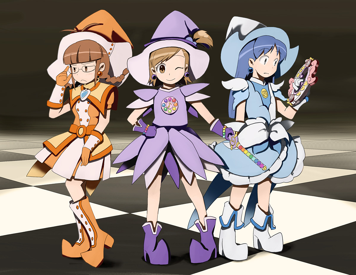 hirosato, akizuki ritsuko, futami mami, kisaragi chihaya, idolmaster, idolmaster (classic), idolmaster 1, ojamajo doremi, 3girls, ;), adjusting eyewear, blue hair, blush, boots, braid, brown hair, child, cosplay, earrings, glasses, gloves, hat, jewelry, long hair, looking at viewer, multiple girls, one eye closed, parody, short hair, skirt, smile, standing, thighs