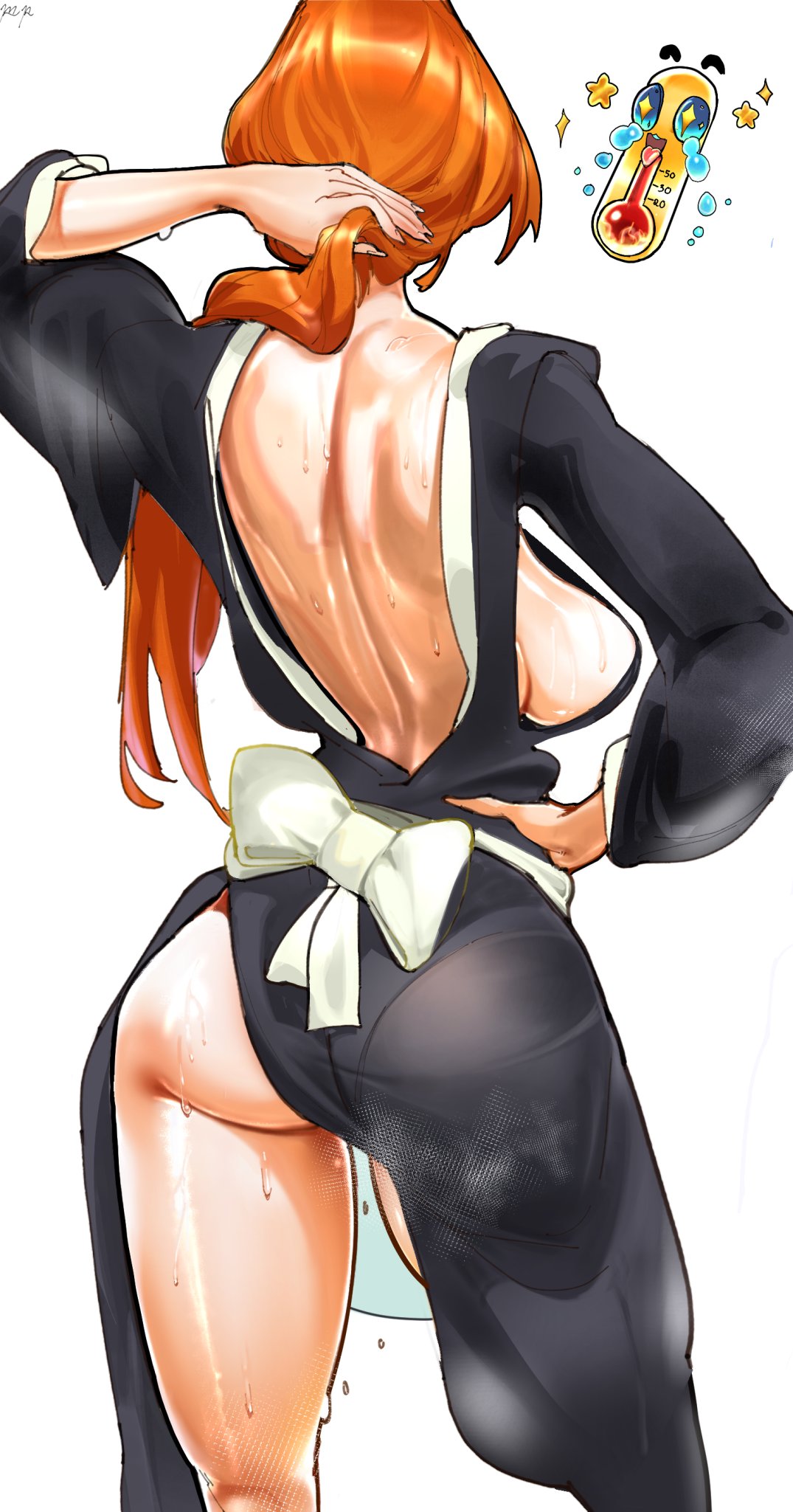 labslider, matsumoto rangiku, bleach, highres, 1girl, artist name, bareback, breasts, hand on own hip, japanese clothes, long hair, orange hair, shihakusho, sideboob, simple background, standing, sweat, thighs, white background