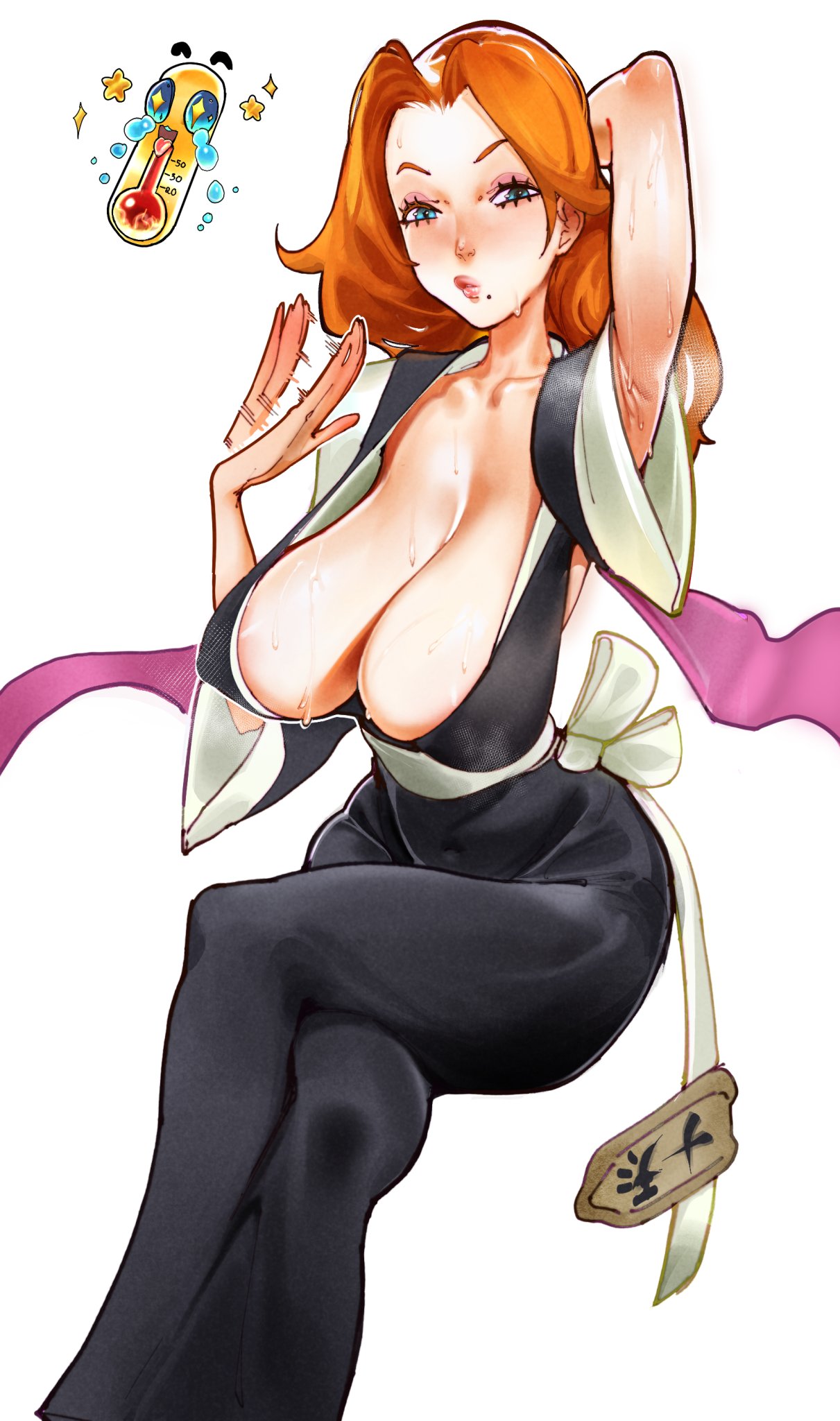 labslider, matsumoto rangiku, bleach, highres, 1girl, arm behind head, armpit crease, armpits, blue eyes, breasts, collarbone, crossed legs, hot, large breasts, long hair, mole, mole under mouth, orange hair, sagging breasts, simple background, sitting, sweat, white background