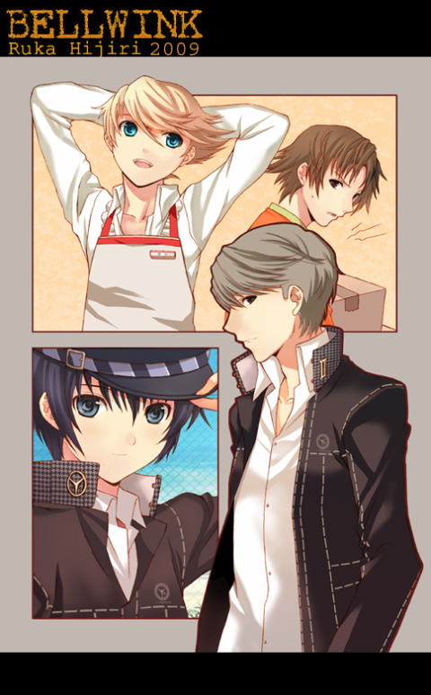 seiru (prairie), hanamura yousuke, kuma (persona 4), narukami yu, shirogane naoto, atlus, persona, persona 4, 1girl, 3boys, :d, androgynous, arms up, blonde hair, blush, brown hair, gakuran, hat, jacket, long sleeves, looking at viewer, multiple boys, open clothes, open jacket, open mouth, peaked cap, school uniform, smile