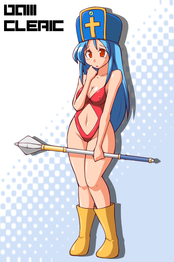 chiki (chikibw), priest (dq3), chunsoft, dragon quest, dragon quest iii, enix, bad id, bad pixiv id, 1girl, blue hair, boots, breasts, character name, cleavage, copyright name, covered erect nipples, female focus, hat, hip focus, long hair, medium breasts, midriff, mitre, red eyes, revealing swimsuit (dq), solo, staff, swimsuit, wide hips