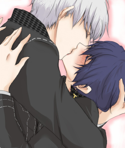 kimito, you (kimito), narukami yu, shirogane naoto, atlus, persona, persona 4, 1boy, 1girl, androgynous, blue hair, blush, closed eyes, couple, hetero, hug, kiss, reverse trap