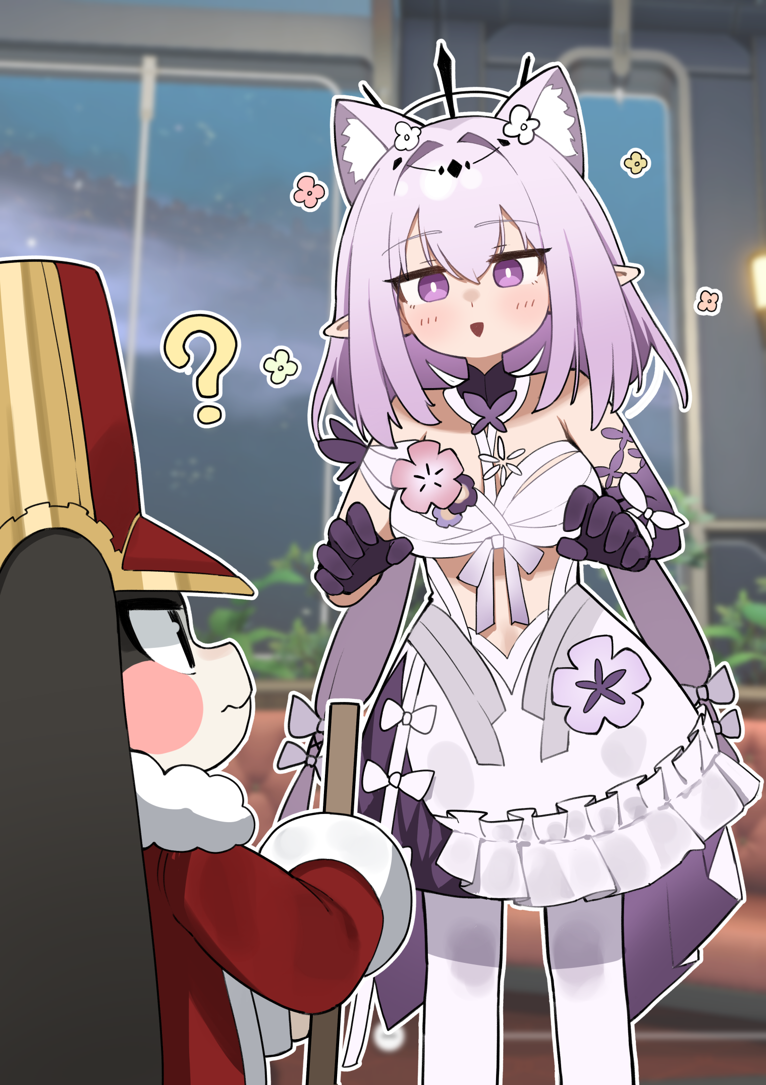 flasso, castorice (honkai: star rail), pom-pom (honkai: star rail), honkai: star rail, honkai (series), commentary request, highres, revision, 1girl, ?, animal ear fluff, animal ears, bare shoulders, breasts, cat ears, dress, elbow gloves, flower, frilled dress, frills, gloves, hair flower, hair ornament, leggings, long hair, low twintails, pantyhose, pointy ears, purple eyes, purple gloves, purple hair, sleeveless, sleeveless dress, twintails, very long hair, white dress, white pantyhose