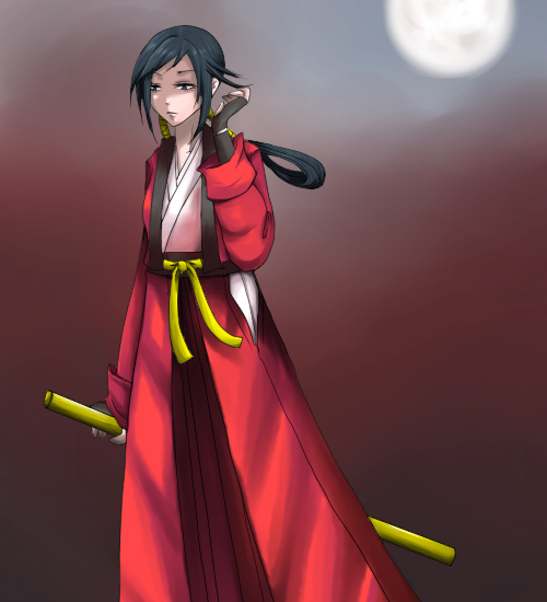 takane hibiki, bakumatsu rouman, bakumatsu rouman dainimaku, snk, 1girl, black eyes, black hair, blue eyes, chokuto, female focus, fingerless gloves, gloves, hakama, hakama skirt, japanese clothes, katana, kimono, long hair, moon, red hakama, shirasaya, skirt, solo, sword, twintails, weapon