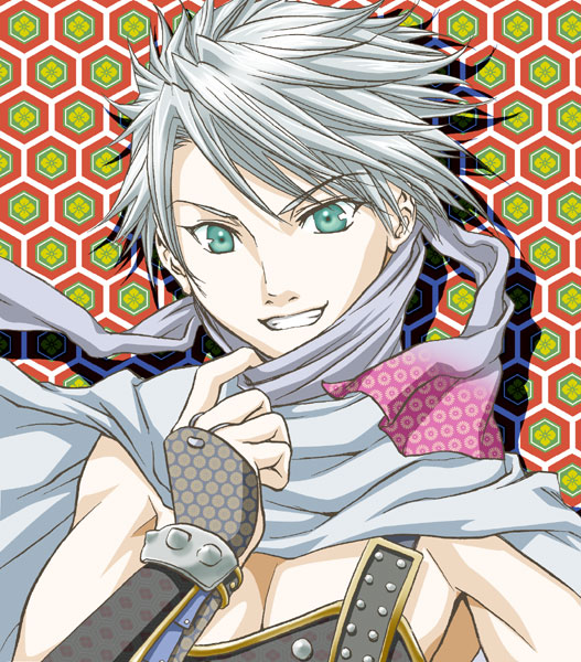 kimagureneko, mana tohno, edward geraldine, ninja (final fantasy), final fantasy, final fantasy iv, 1990s (style), 1boy, armor, green eyes, hanairi kikkou, hexagon, honeycomb (pattern), honeycomb background, honeycomb pattern, japanese armor, kote, male focus, ninja, smile, solo, white hair