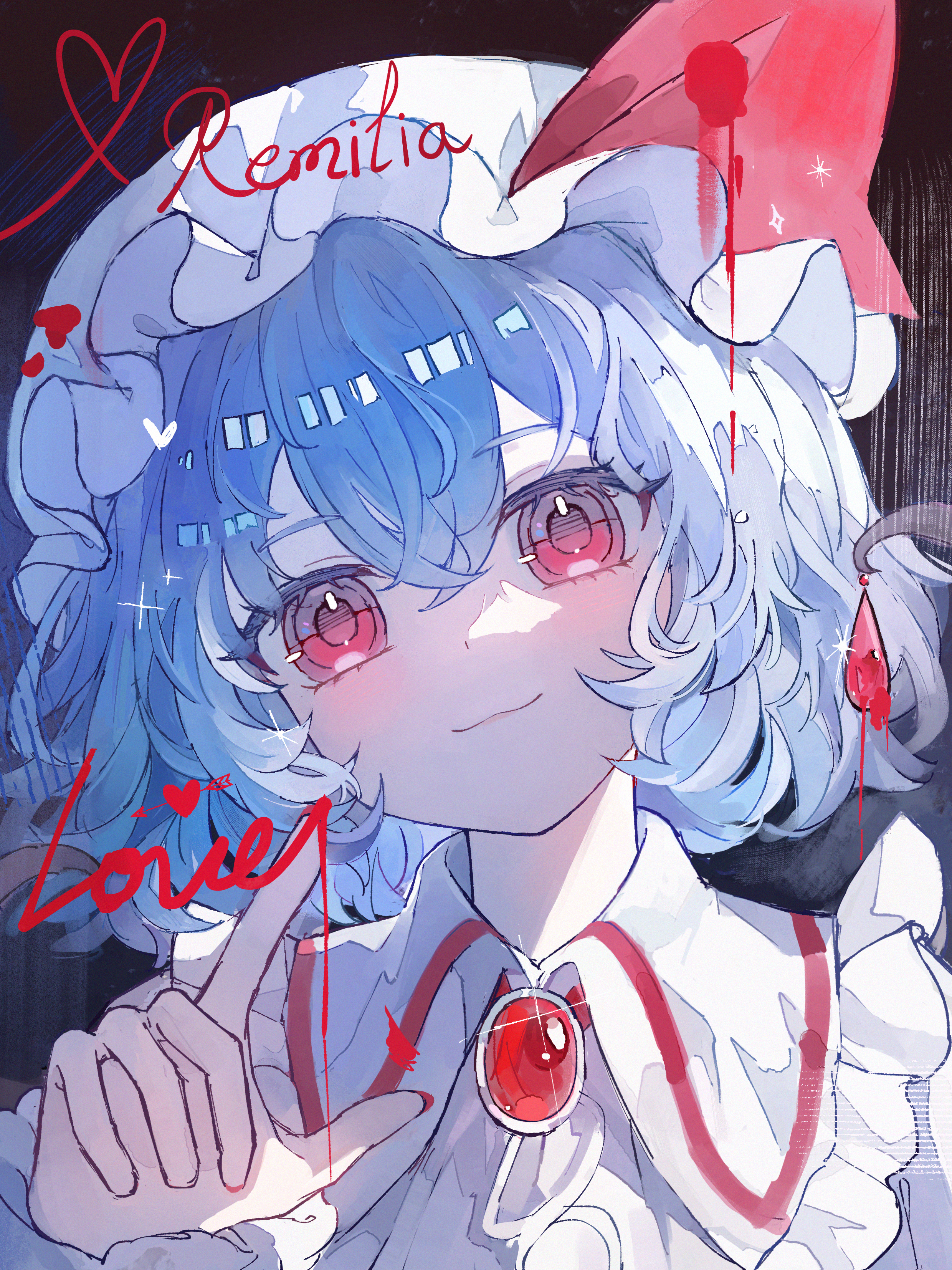 yuuneka, remilia scarlet, touhou, absurdres, chinese commentary, commentary, highres, 1girl, :3, arrow through heart, blood, blood writing, blue hair, blush, brooch, character name, english text, finger writing, fingernails, frilled hat, frilled sailor collar, frills, hair between eyes, hat, hat ribbon, head tilt, heart, jewelry, light smile, looking at viewer, mob cap, nail polish, red eyes, red nails, red ribbon, ribbon, sailor collar, shirt, short hair, solo, upper body, white hat, white shirt