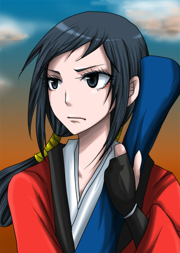 takane hibiki, bakumatsu rouman, bakumatsu rouman dainimaku, snk, lowres, 1girl, black eyes, black hair, blue eyes, female focus, fingerless gloves, gloves, japanese clothes, katana, kimono, long hair, ponytail, solo, sword, weapon
