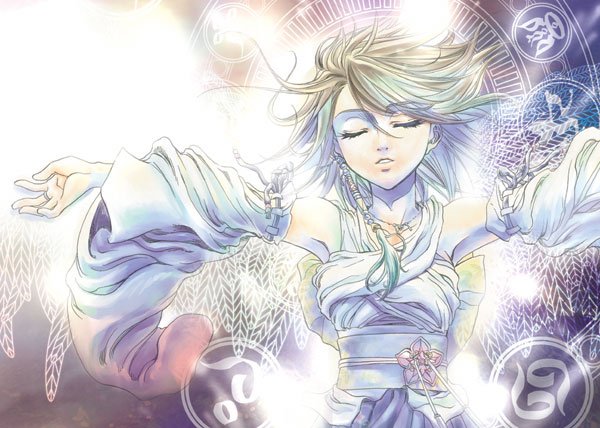 kimagureneko, mana tohno, yuna, yuna (ff10), final fantasy, final fantasy x, 00s, 1girl, brown hair, closed eyes, detached sleeves, female focus, glyph, solo, wings