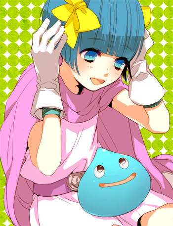 clooo, hero's daughter (dq5), slime (dragon quest), dragon quest, dragon quest v, lowres, 1girl, blue eyes, blue hair, bow, cape, female focus, gloves, hair bow, matching hair/eyes, short hair, solo, yellow bow