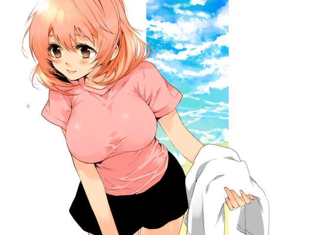 clooo, blush, breasts, brown eyes, large breasts, red hair, short hair, sky, solo, towel