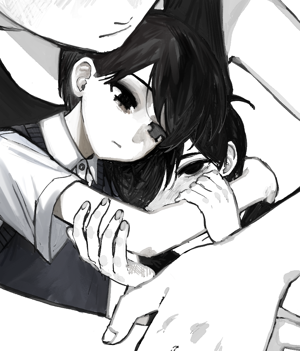 rou (h s sinrin), omori (omori), sunny (omori), omori, commentary, 3boys, bare arms, bare shoulders, black eyes, black hair, black sweater vest, black tank top, buttons, closed mouth, collarbone, collared shirt, colored skin, empty eyes, fingernails, from above, giant, grey eyes, hair behind ear, heterochromia, hug, light frown, light smile, male focus, multiple boys, multiple persona, no pupils, omoriboy, pale skin, shirt, short sleeves, sweater vest, swept bangs, tank top, upper body, white shirt, white skin
