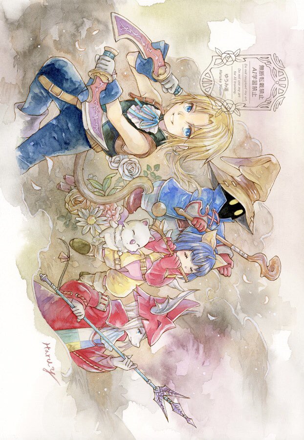 black mage (final fantasy), eiko carol, freya crescent, vivi ornitier, zidane tribal, final fantasy, final fantasy ix, 2boys, 2girls, armor, artist name, ascot, bare shoulders, blonde hair, blue ascot, blue coat, blue eyes, blue hair, blue pants, blue ribbon, blue wrist cuffs, bodysuit, boots, bow, brown boots, burmecian, cat tail, closed eyes, coat, creature, cropped vest, dagger, dual wielding, feet out of frame, flute, gloves, green vest, grey boots, grey gloves, grey hair, hair bow, harukayuumi sub, hat, helmet, holding, holding dagger, holding knife, holding polearm, holding staff, holding weapon, horns, instrument, knife, looking at viewer, low ponytail, mini wings, mouse girl, multiple boys, multiple girls, music, neck ribbon, overalls, pants, parted lips, pink bodysuit, playing flute, playing instrument, polearm, ponytail, red coat, red gloves, red helmet, red sweater, ribbon, shirt, short hair, shoulder armor, single horn, sleeveless, sleeveless shirt, smile, staff, striped clothes, striped pants, sweater, tabard, tail, tail raised, vest, weapon, white shirt, winged helmet, wings, wizard hat, wrist cuffs, yellow bow, yellow eyes, yellow overalls