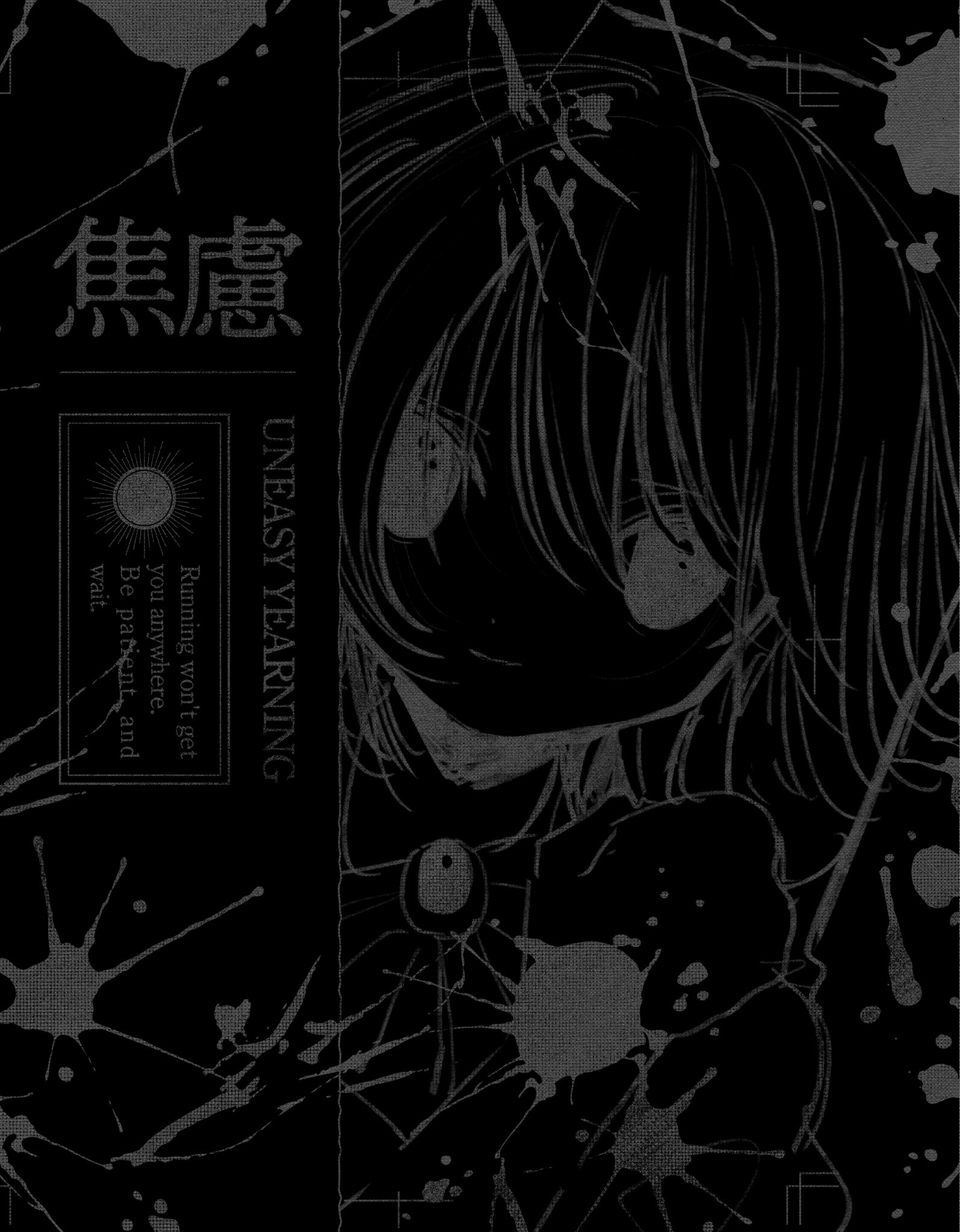 pepeppepe101, original, highres, 1girl, black background, closed mouth, english text, greyscale, looking at viewer, medium hair, monochrome, paint splatter, solo, upper body