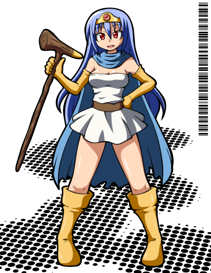 chiki (chikibw), sage (dq3), chunsoft, dragon quest, dragon quest iii, enix, bad id, bad pixiv id, 1girl, barcode, blue hair, boots, cape, circlet, elbow gloves, female focus, gloves, long hair, red eyes, skirt, solo, staff, yellow boots