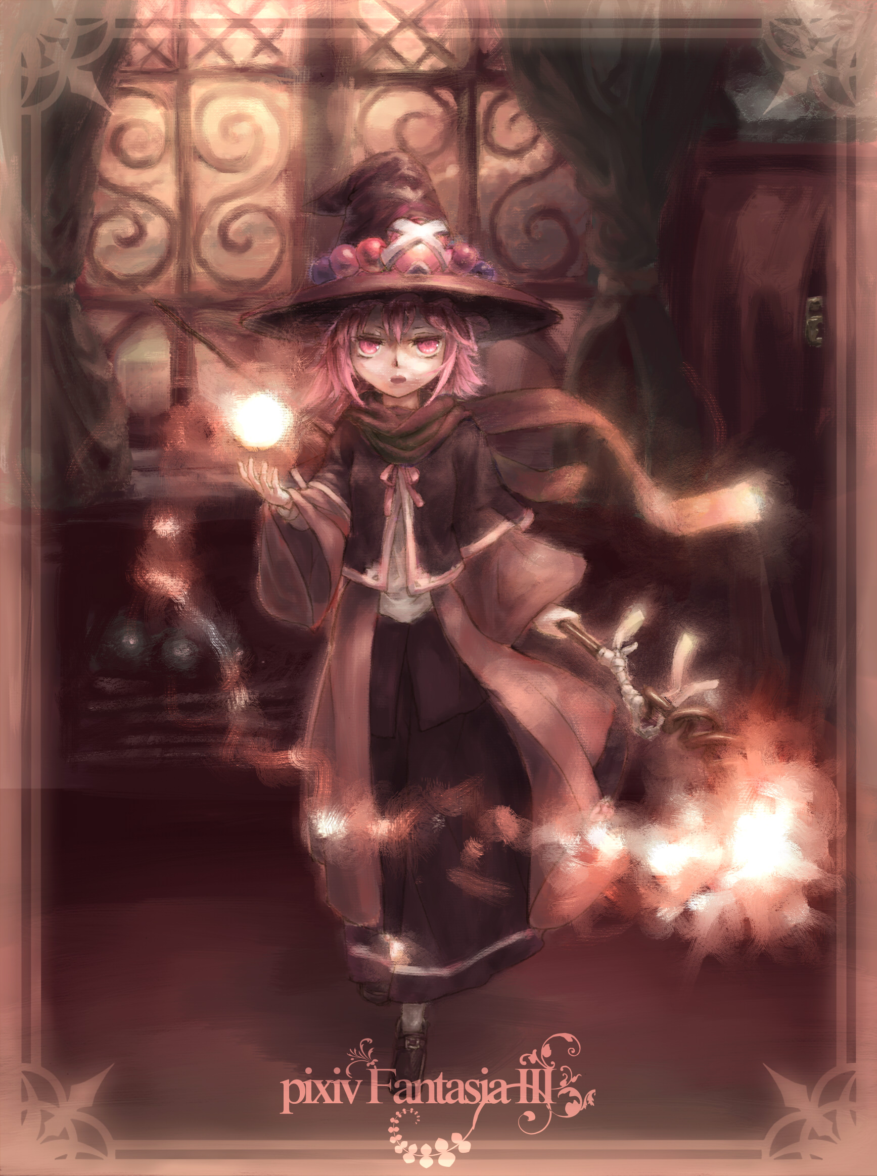 madaragi, pixiv fantasia, pixiv fantasia 3, bad id, bad pixiv id, highres, copyright name, hat, orb, pink eyes, robe, solo, witch, witch hat