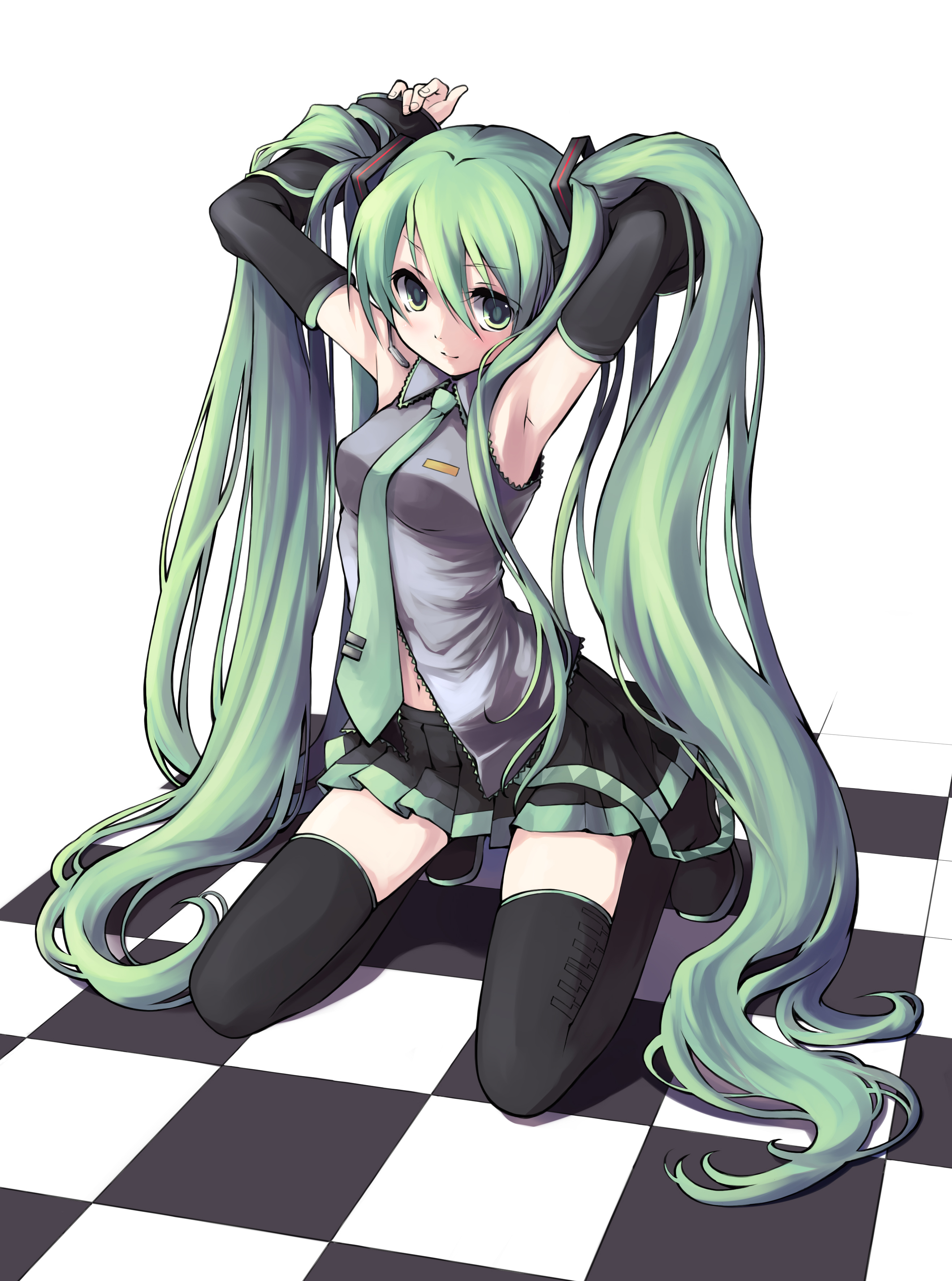 ginta, saiste, hatsune miku, vocaloid, absurdres, colorized, highres, 1girl, armpits, arms up, checkered floor, detached sleeves, female focus, green eyes, green hair, long hair, matching hair/eyes, navel, necktie, perspective, skirt, solo, thighhighs, twintails, very long hair, zettai ryouiki