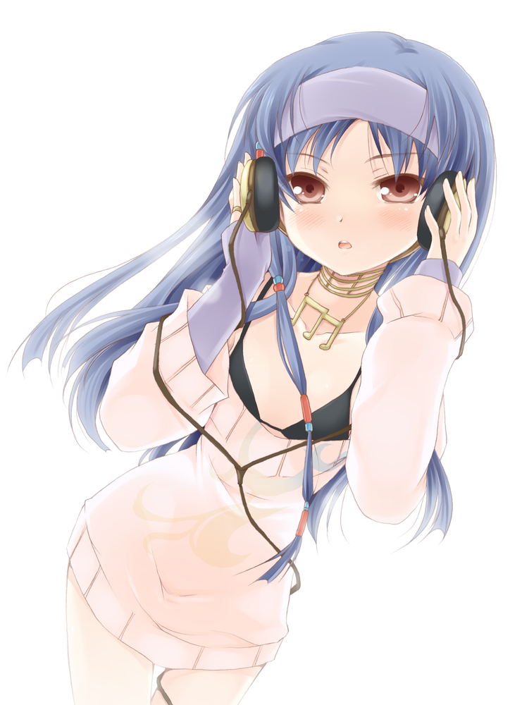 komi zumiko, kisaragi chihaya, idolmaster, idolmaster (classic), idolmaster 1, bad id, bad pixiv id, 00s, 1girl, bikini, bikini top only, black bikini, blue hair, blush, brown eyes, female focus, flat chest, hairband, headband, headphones, jewelry, long hair, long sleeves, musical note, necklace, simple background, solo, standing, sweater, swimsuit