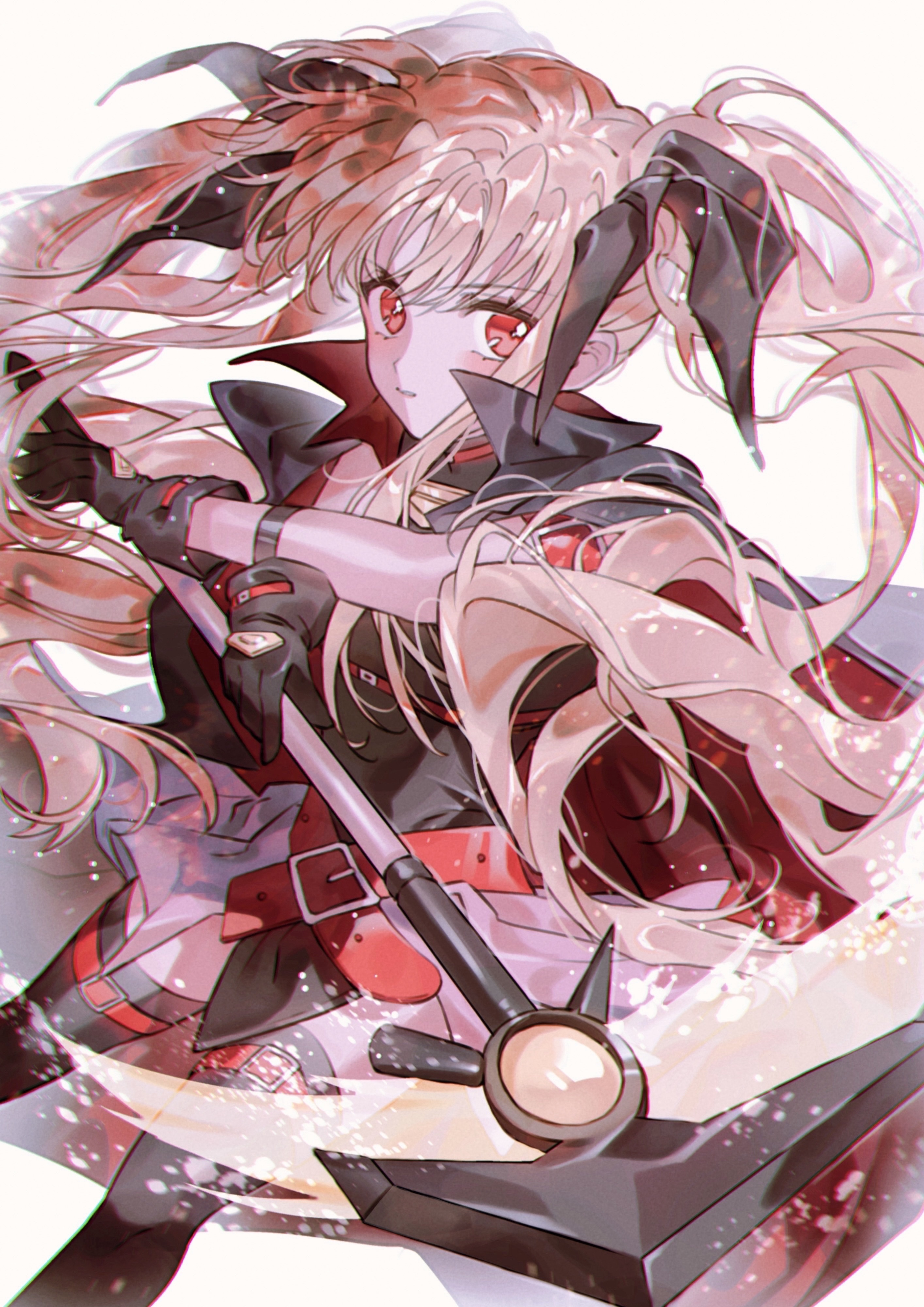 hn sit, fate testarossa, fate testarossa (original form), lyrical nanoha, mahou shoujo lyrical nanoha, absurdres, highres, 1girl, axe, belt, black cape, black gloves, black leotard, black ribbon, black thighhighs, blonde hair, cape, crossed arms, feet out of frame, fighting stance, gloves, hair between eyes, hair ribbon, holding, holding axe, leotard, long hair, looking at viewer, parted lips, popped collar, red belt, red eyes, ribbon, showgirl skirt, skirt, solo, thighhighs, twintails, white background, white skirt