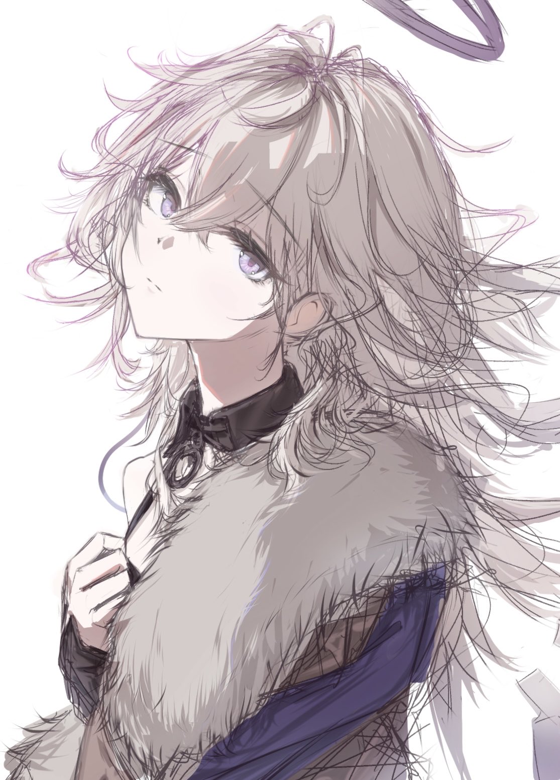 rinereeto, vannini (arknights), arknights, commentary, highres, 1girl, black collar, clenched hand, closed mouth, collar, detached collar, expressionless, from side, fur-trimmed jacket, fur trim, hair between eyes, halo, hand up, head tilt, jacket, long hair, looking at viewer, looking back, messy hair, purple eyes, simple background, sketch, solo, split mouth, traditional halo, upper body, white background, white hair