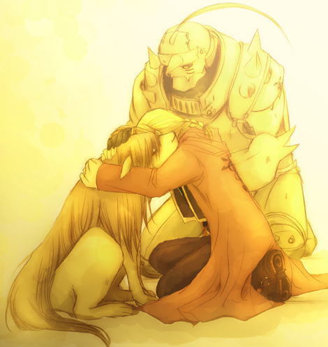 alphonse elric, edward elric, shou tucker's chimera, fullmetal alchemist, lowres, spoilers, 00s, 2boys, armor, braid, chimera, coat, dog, hug, kneeling, multiple boys, sad, single braid, yellow theme